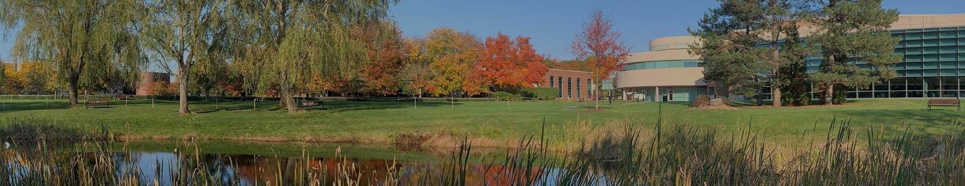 Landscape of trees near a lake, and on the left, the Bello Center and Krupp Library