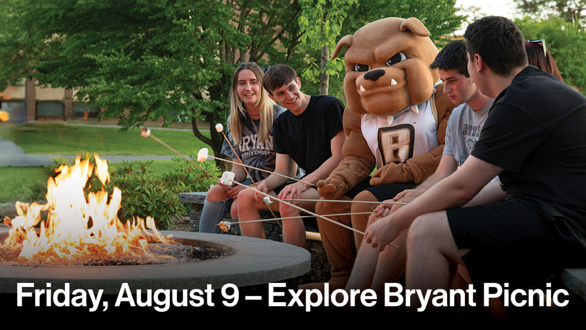 Save the Date for the Explore Bryant picnic. Students around a campfire roasting marshmallows with Tupper.